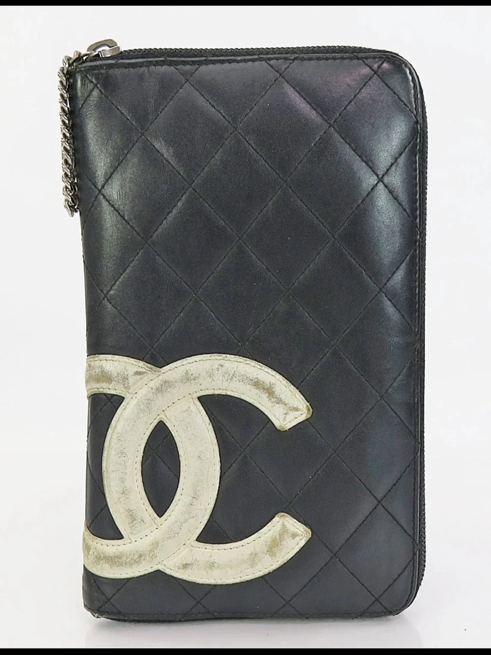 CHANEL Black Quilted Leather Zip Wallet with White CC Patch